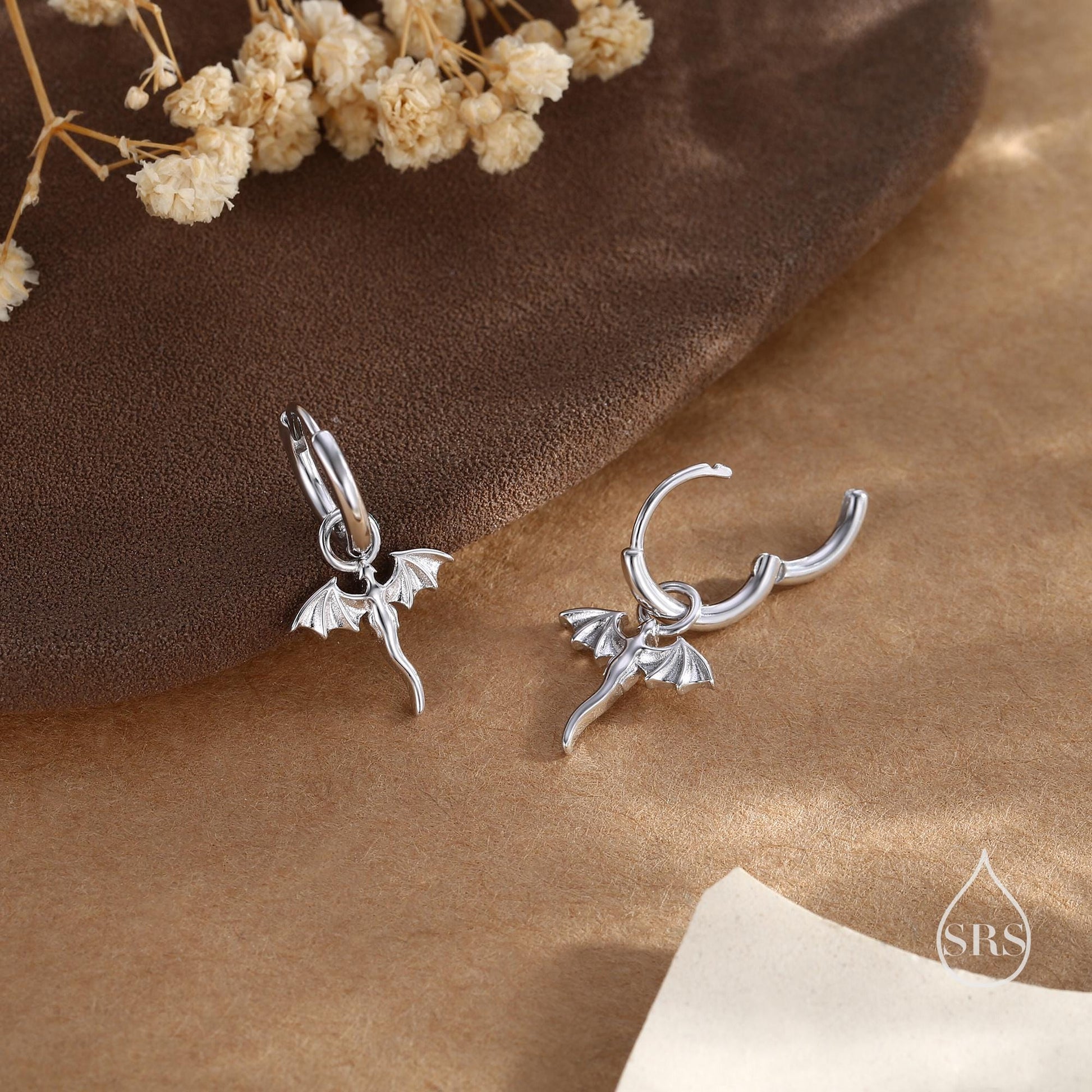 Tiny Dragon Huggie Hoop in Sterling Silver, Silver or Gold or Rose Gold, Dagon Dangle Hoop Earrings, Detachable and Interchangeable