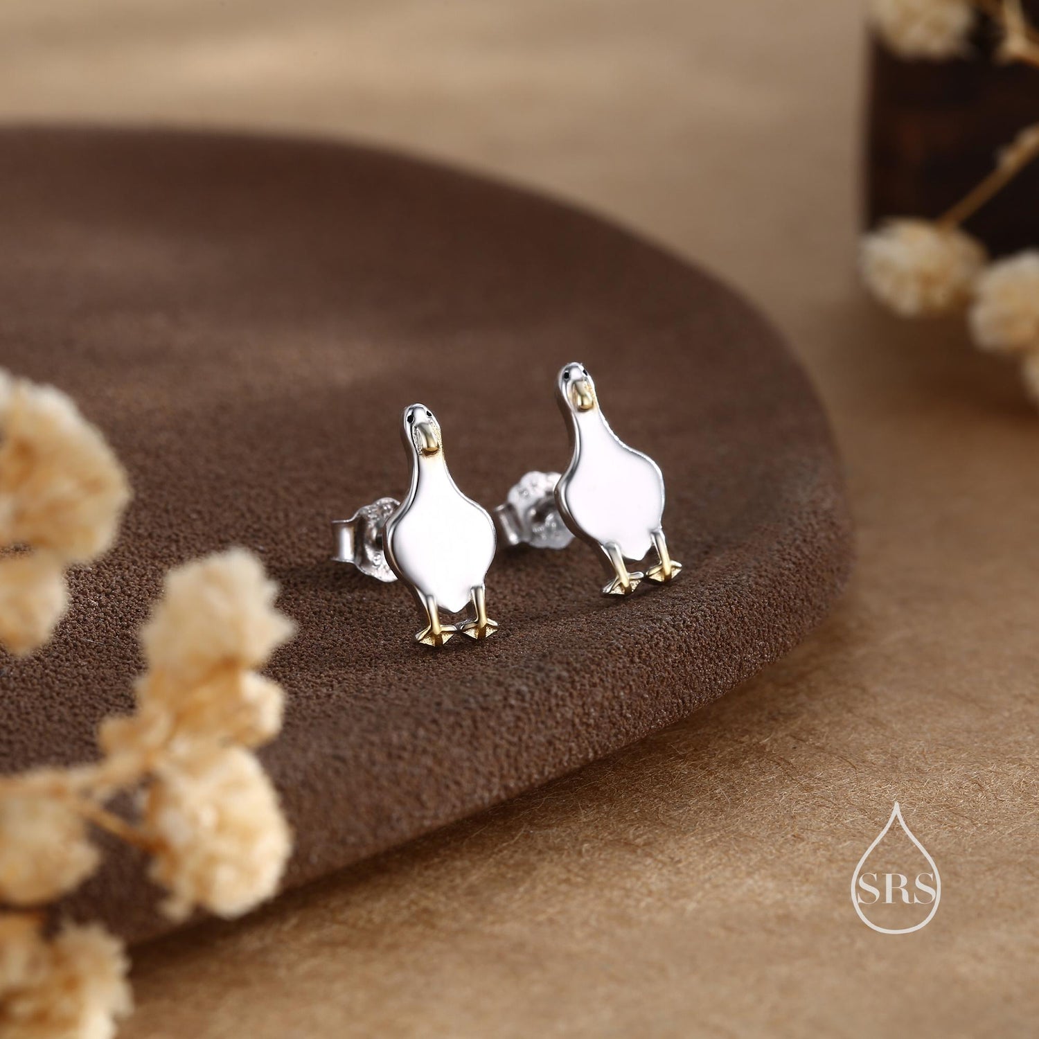 Silly Duck Stud Earrings in Sterling Silver, Extra Tiny, Bird Earrings,Two Tone Duck Earrings, Cute Duck Earrings
