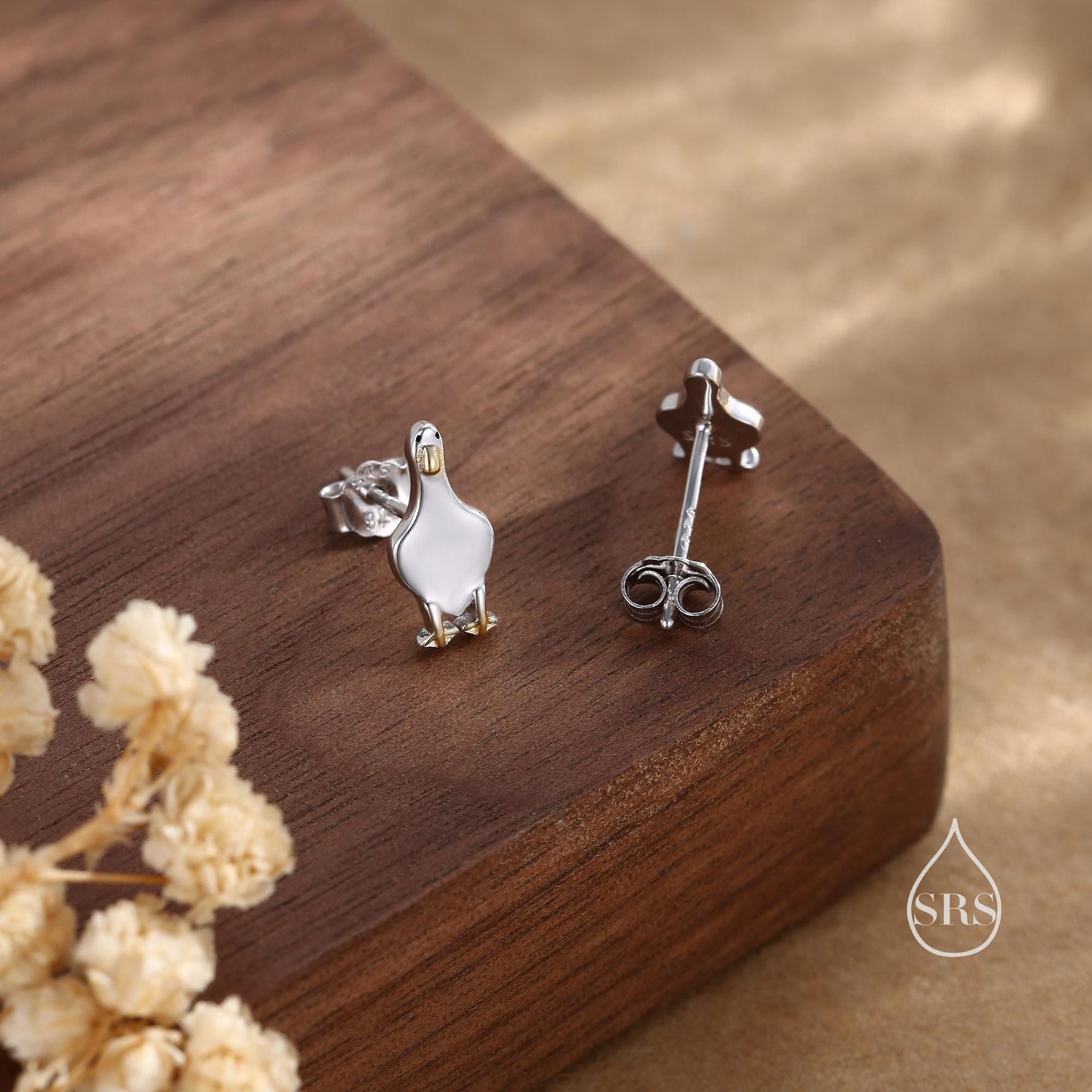 Silly Duck Stud Earrings in Sterling Silver, Extra Tiny, Bird Earrings,Two Tone Duck Earrings, Cute Duck Earrings