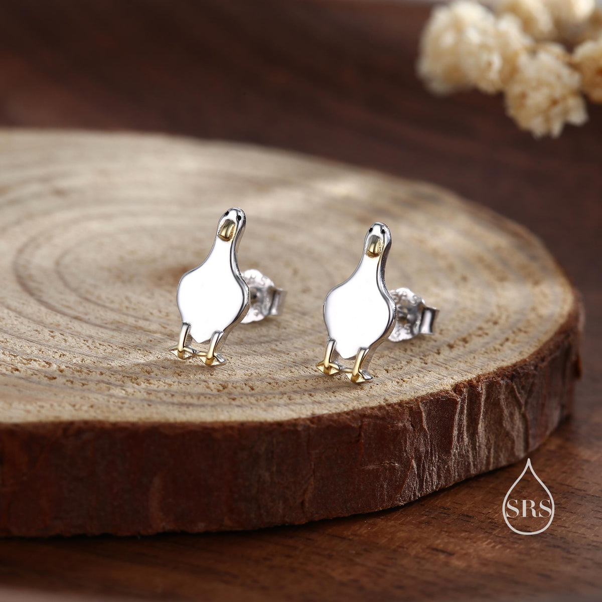Silly Duck Stud Earrings in Sterling Silver, Extra Tiny, Bird Earrings,Two Tone Duck Earrings, Cute Duck Earrings