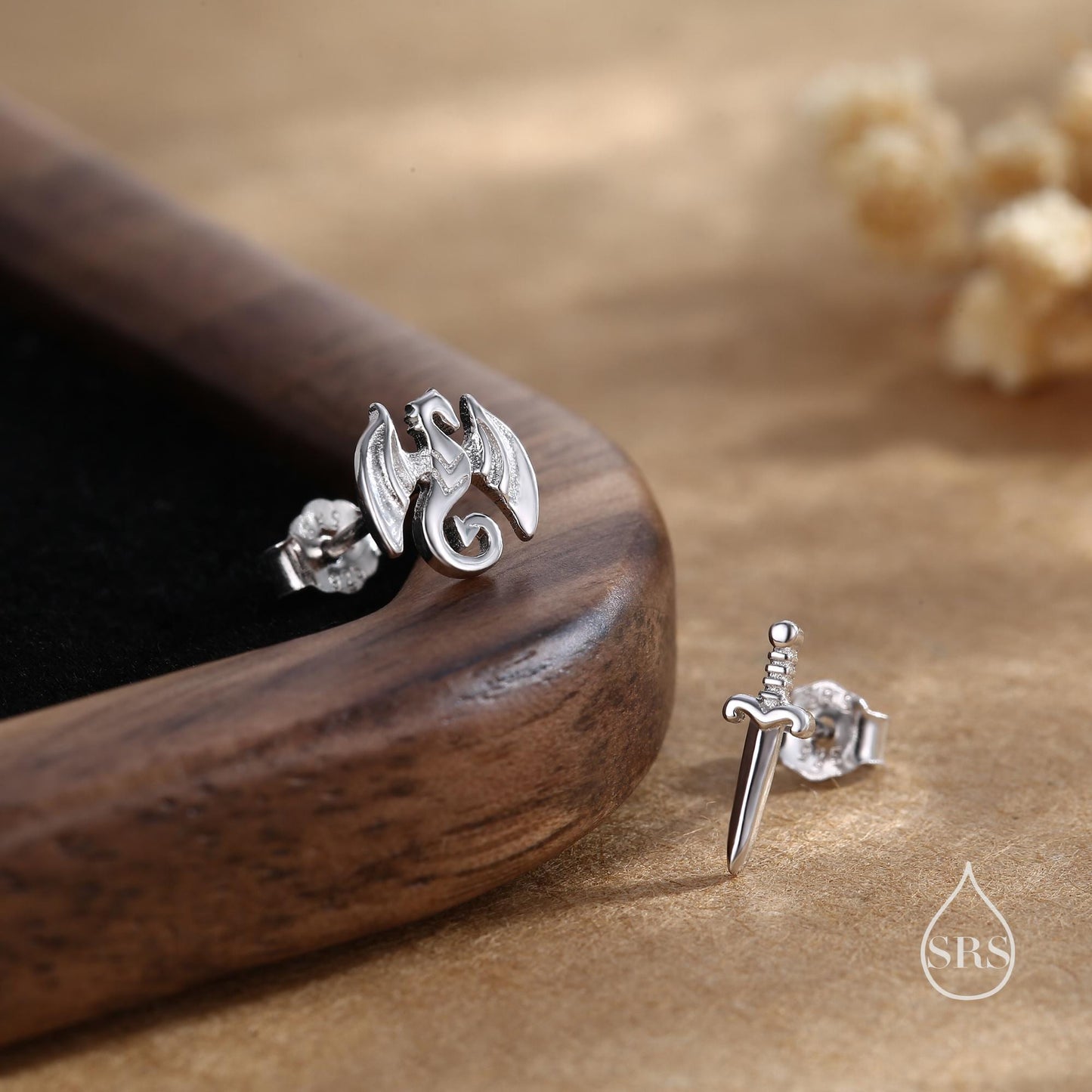 Mismatched Dragon and Sword Stud Earrings in Sterling Silver, Silver, Gold or Rose Gold, Asymmetric Dragon Earrings