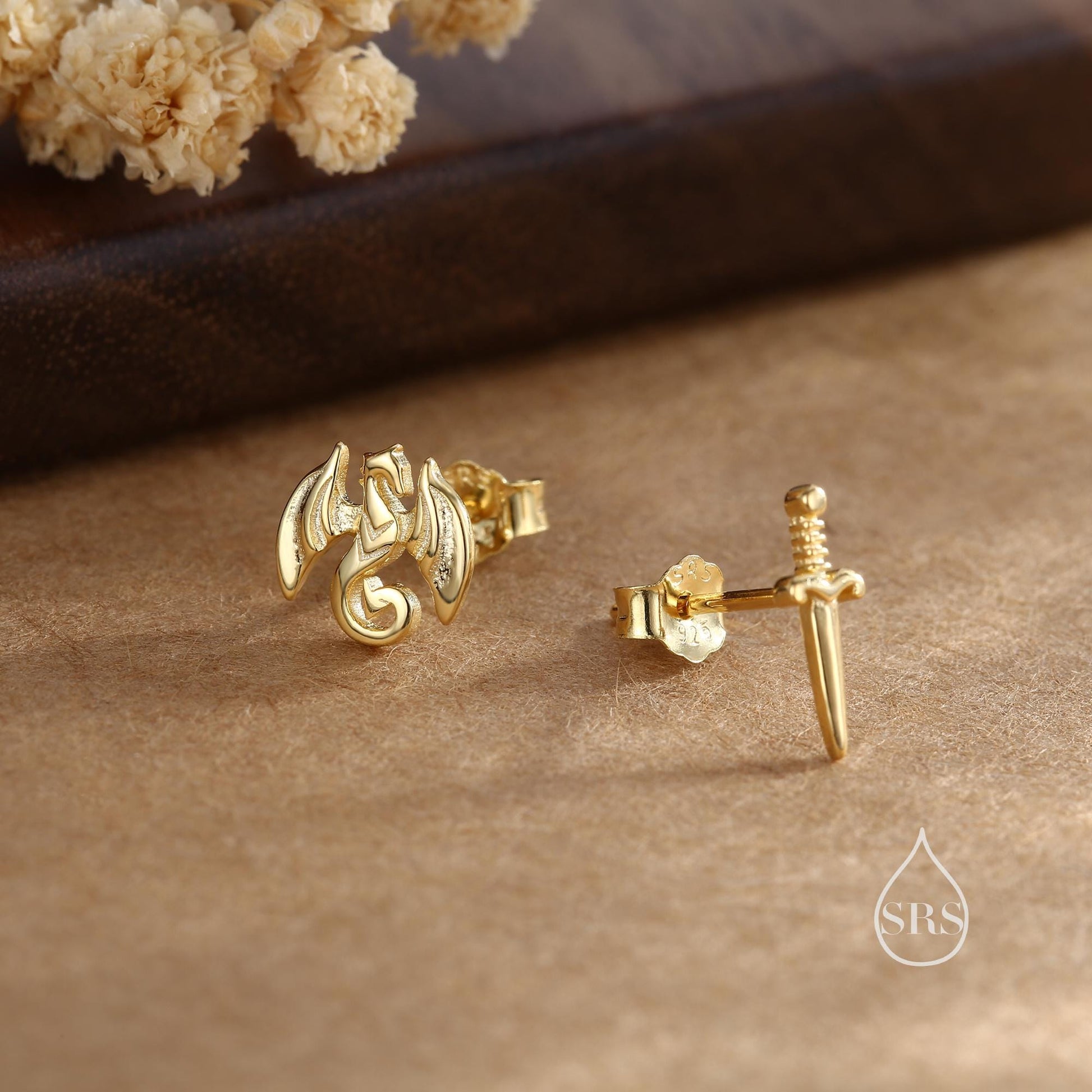 Mismatched Dragon and Sword Stud Earrings in Sterling Silver, Silver, Gold or Rose Gold, Asymmetric Dragon Earrings