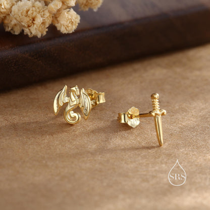 Mismatched Dragon and Sword Stud Earrings in Sterling Silver, Silver, Gold or Rose Gold, Asymmetric Dragon Earrings