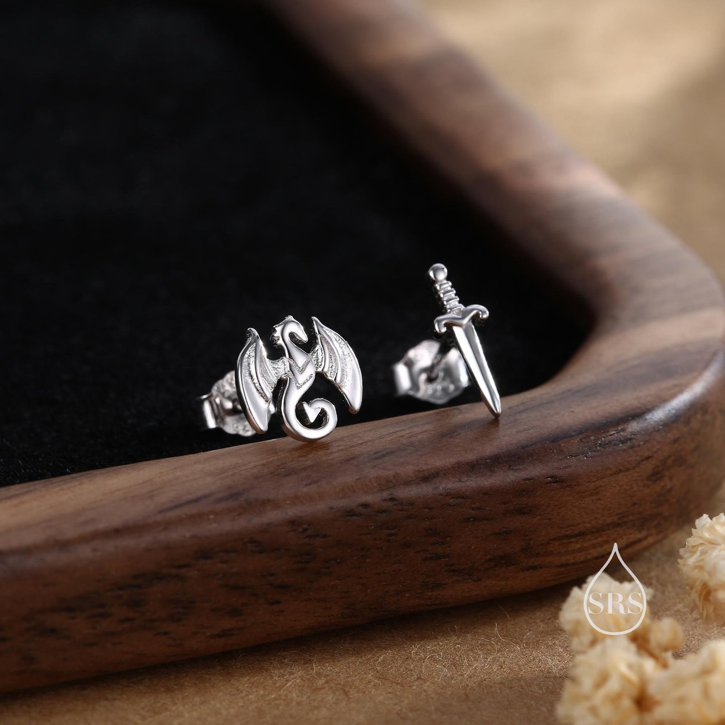 Mismatched Dragon and Sword Stud Earrings in Sterling Silver, Silver, Gold or Rose Gold, Asymmetric Dragon Earrings