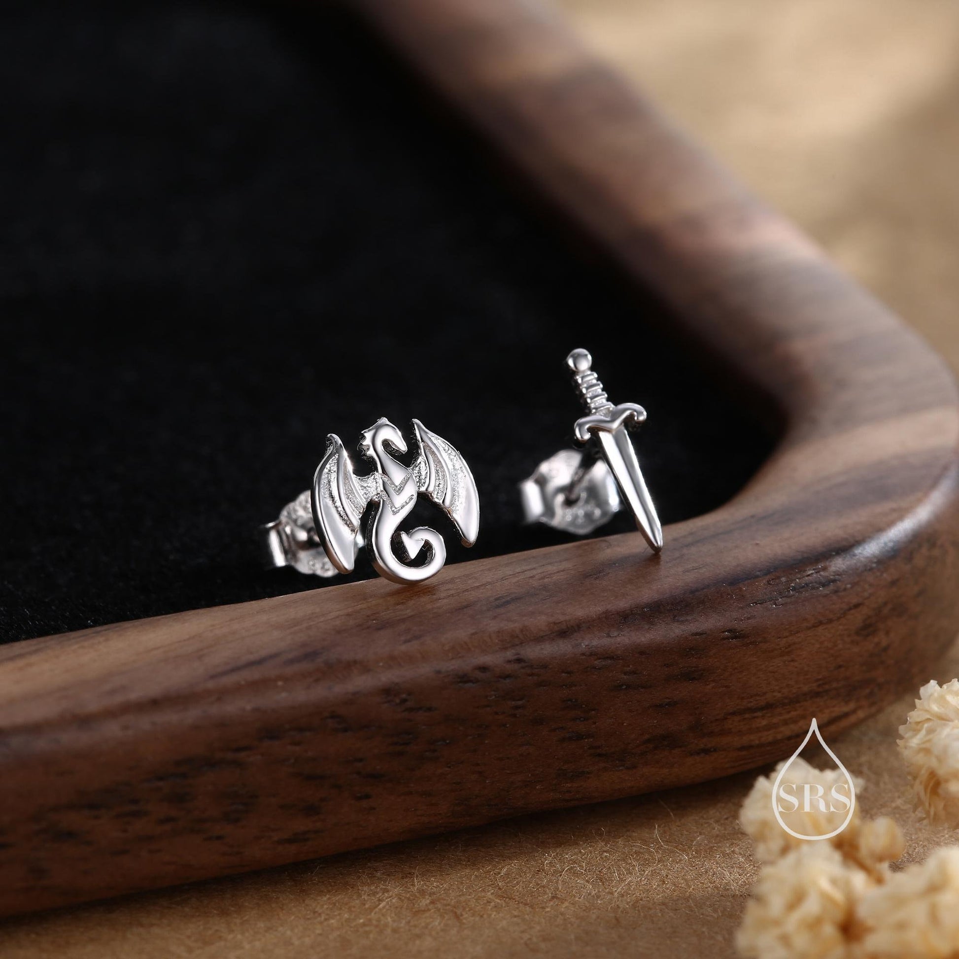 Mismatched Dragon and Sword Stud Earrings in Sterling Silver, Silver, Gold or Rose Gold, Asymmetric Dragon Earrings