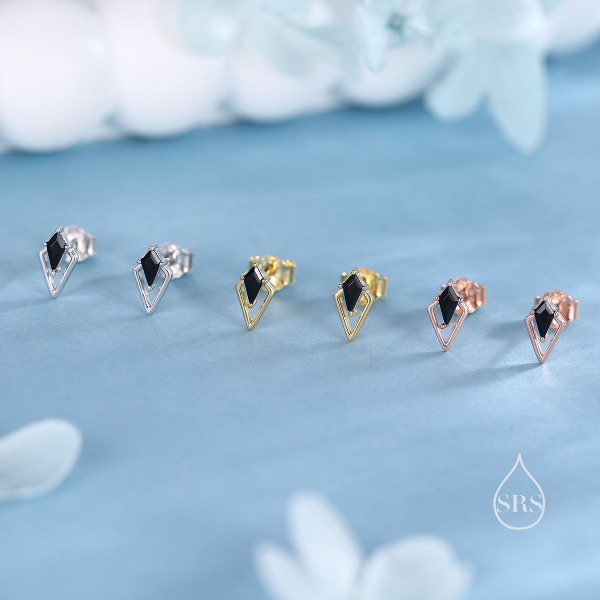 Art Deco Inspired Tiny Rhombus Black CZ Stud Earrings in Sterling Silver, Silver or Gold or Rose Gold, Tiny Triangle Rhombus Earrings