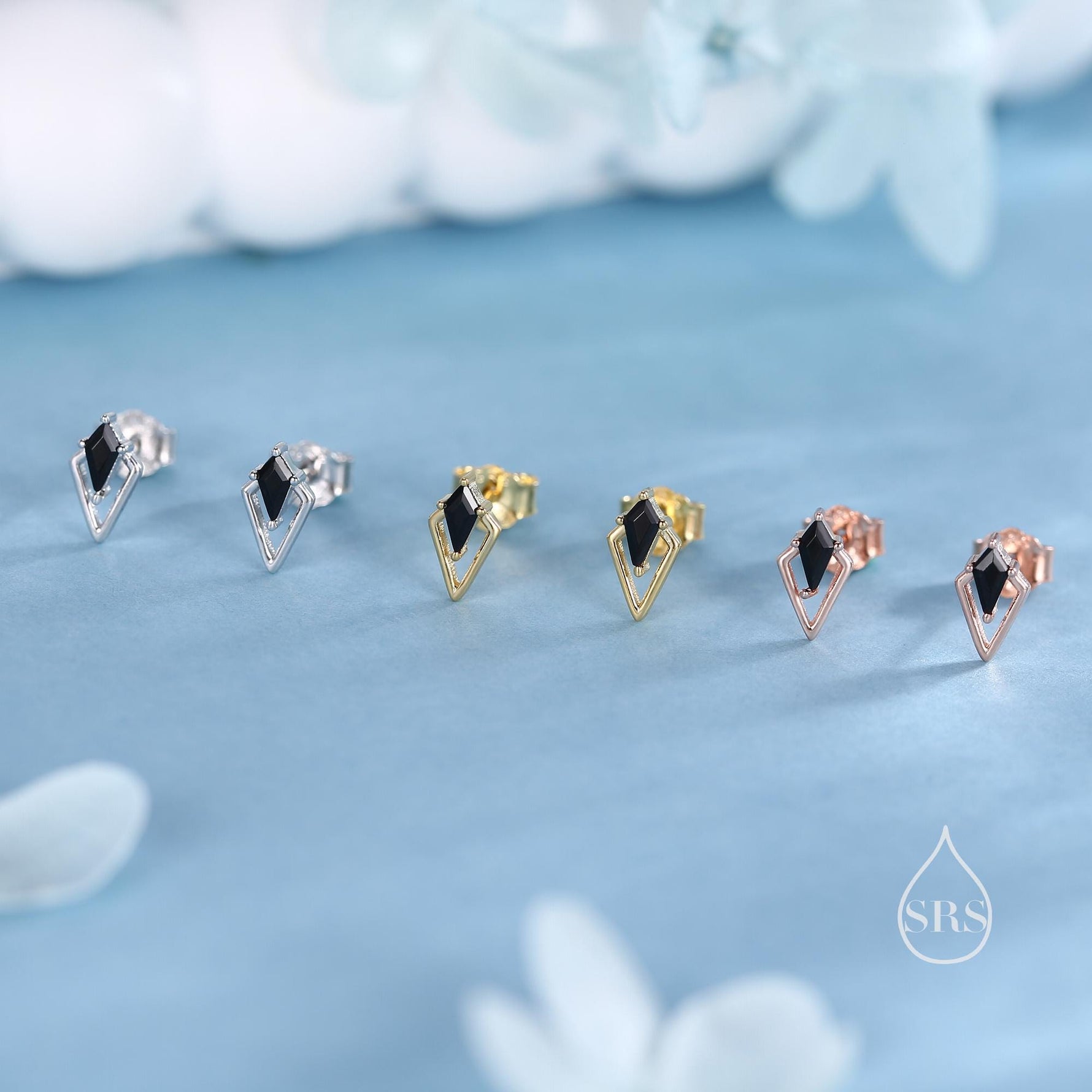 Art Deco Inspired Tiny Rhombus Black CZ Stud Earrings in Sterling Silver, Silver or Gold or Rose Gold, Tiny Triangle Rhombus Earrings
