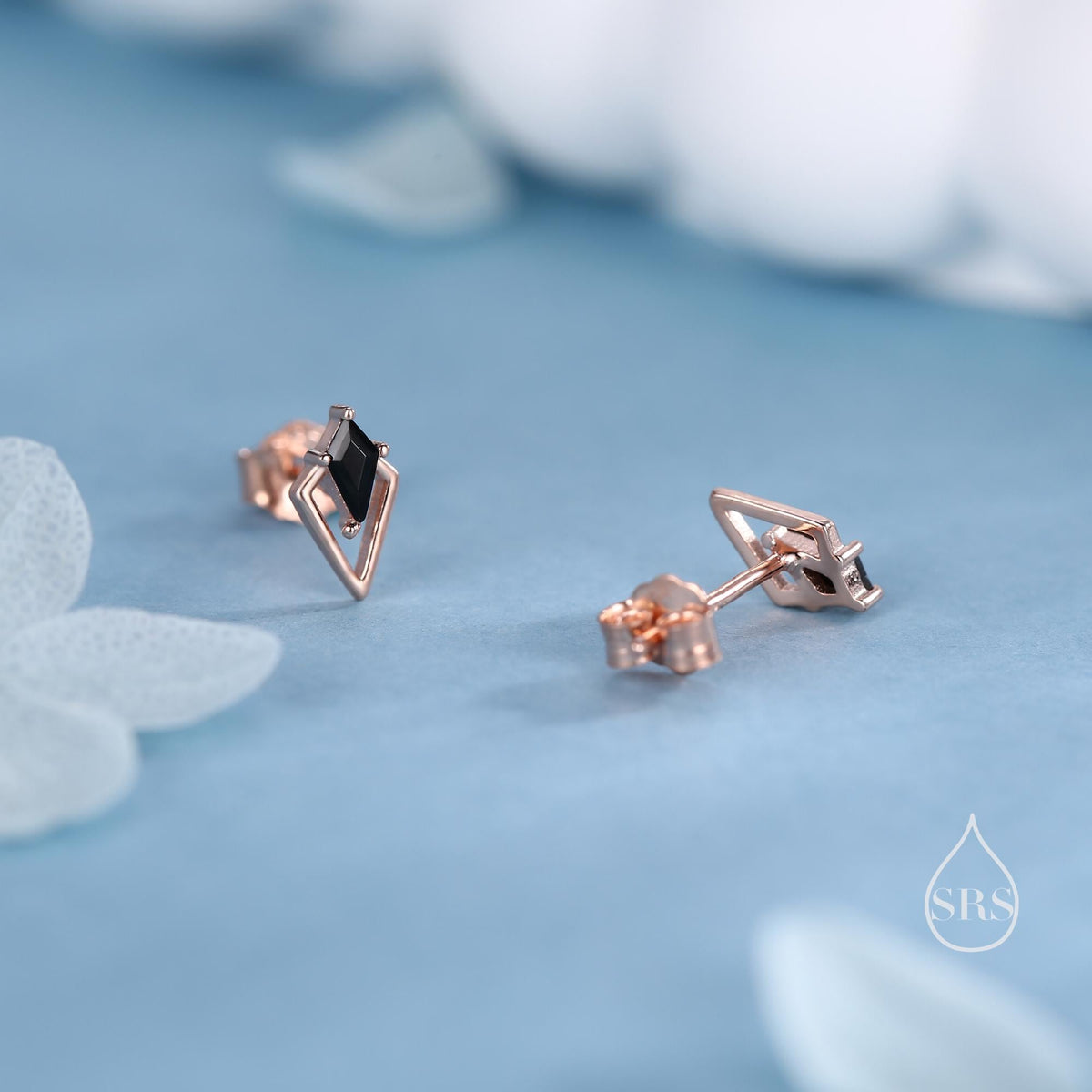 Art Deco Inspired Tiny Rhombus Black CZ Stud Earrings in Sterling Silver, Silver or Gold or Rose Gold, Tiny Triangle Rhombus Earrings
