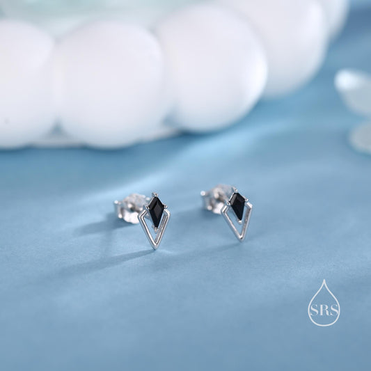 Art Deco Inspired Tiny Rhombus Black CZ Stud Earrings in Sterling Silver, Silver or Gold or Rose Gold, Tiny Triangle Rhombus Earrings