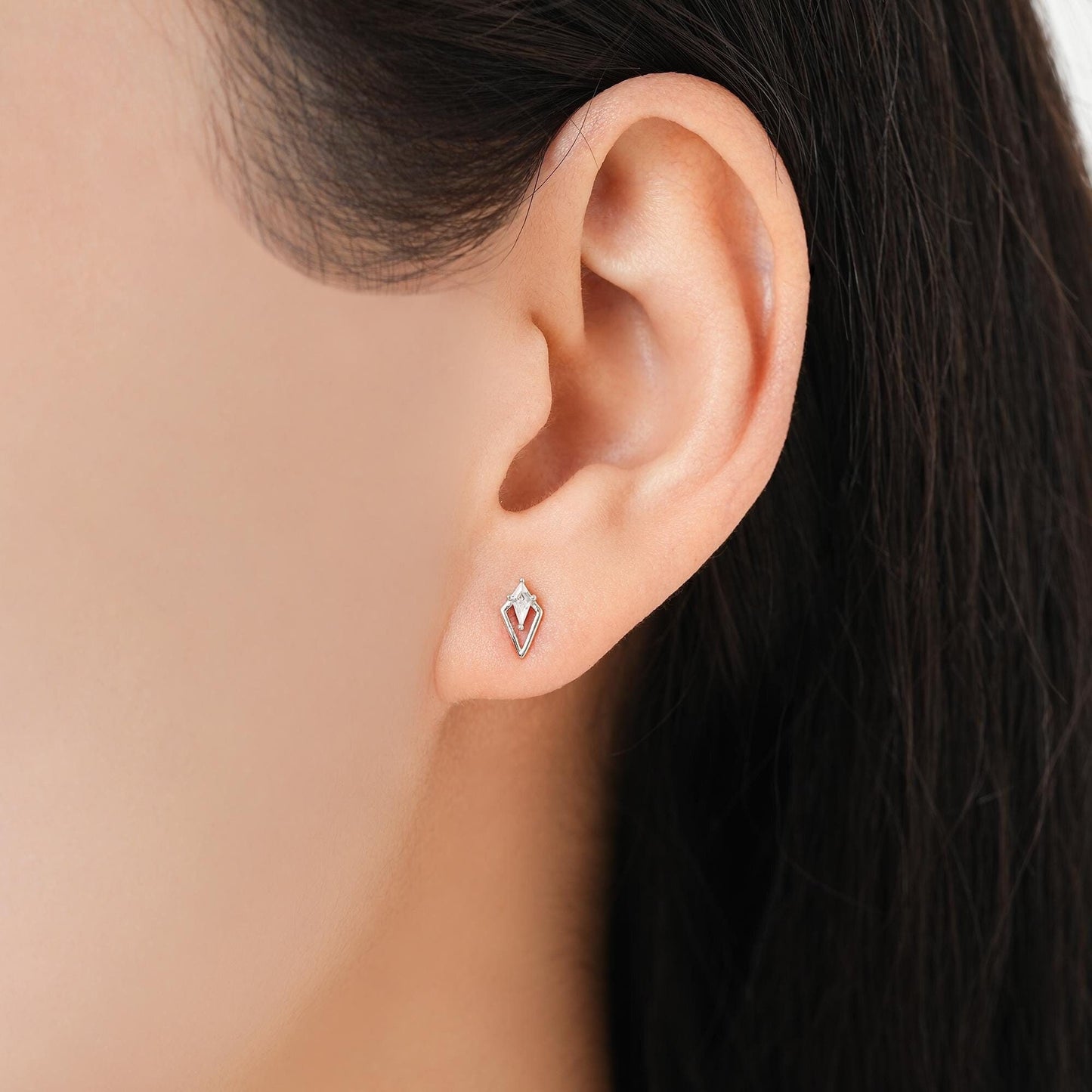 Art Deco Inspired Tiny Rhombus Screw Back / Internally Threaded Flat Back CZ Stud Earrings in Sterling Silver, Silver or Gold or Rose Gold