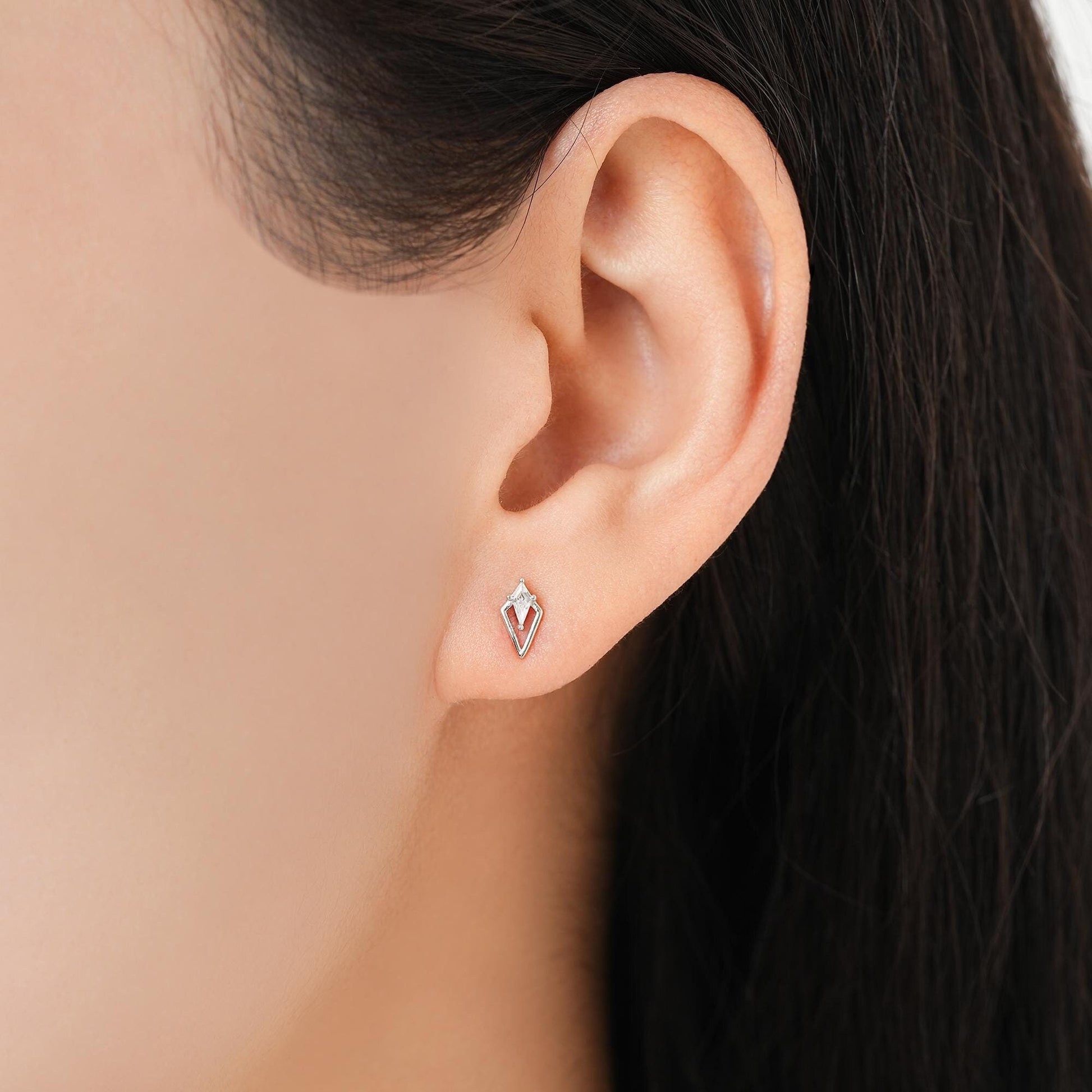 Art Deco Inspired Tiny Rhombus Screw Back / Internally Threaded Flat Back CZ Stud Earrings in Sterling Silver, Silver or Gold or Rose Gold