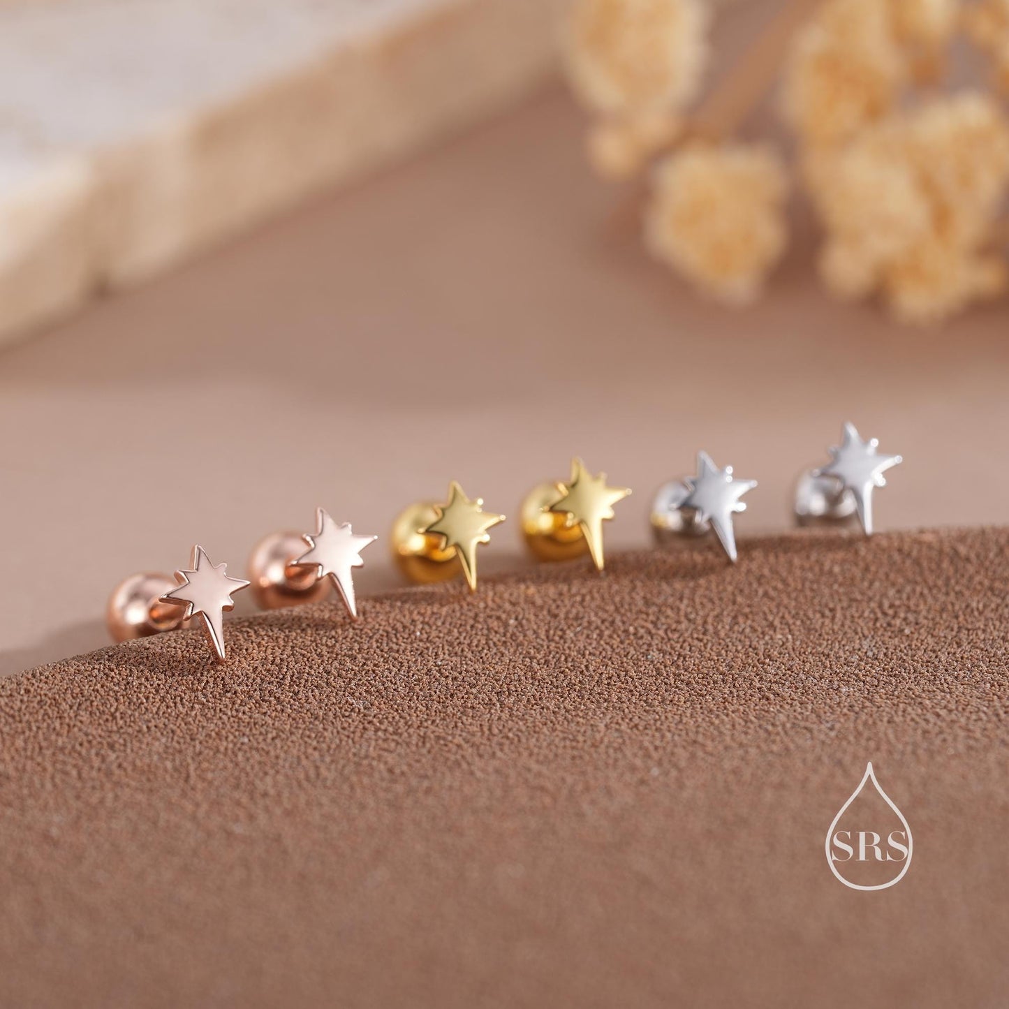 Tiny Starburst Screw Back /Flat Back / Stud Earrings in Sterling Silver, Silver, Gold or Rose Gold, Sunburst Star Earrings