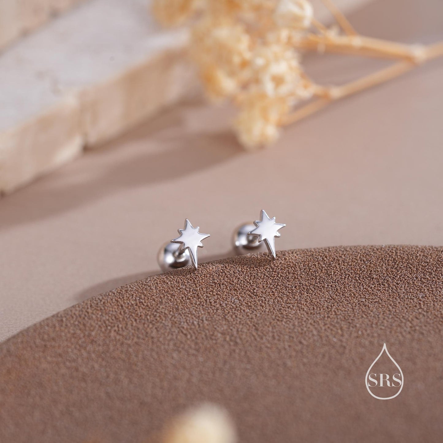 Tiny Starburst Screw Back /Flat Back / Stud Earrings in Sterling Silver, Silver, Gold or Rose Gold, Sunburst Star Earrings