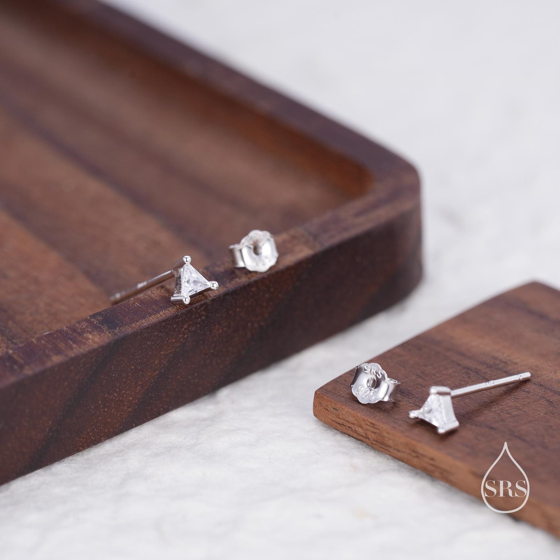 Extra Tiny Sterling Silver Minimalist Triangle CZ Crystal Stud Earrings - Simple Geometric Design, Silver or Gold or Rose Gold