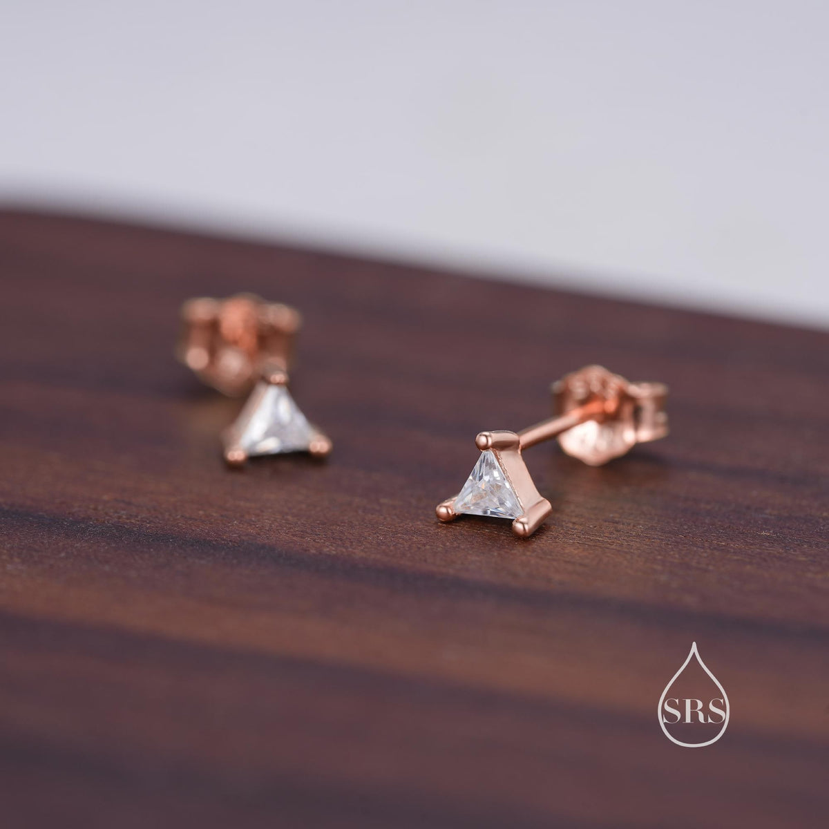 Extra Tiny Sterling Silver Minimalist Triangle CZ Crystal Stud Earrings - Simple Geometric Design, Silver or Gold or Rose Gold