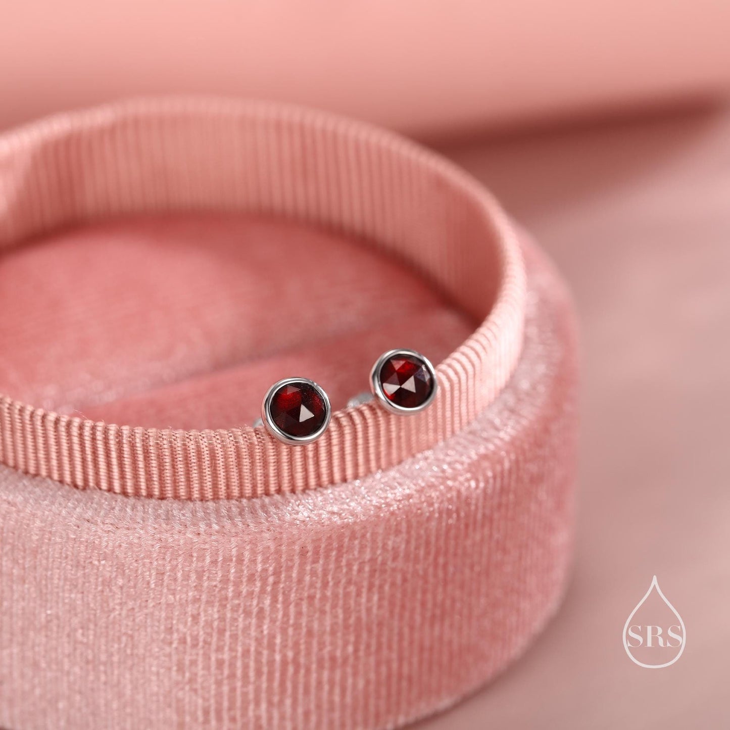 Sterling Silver Genuine Garnet Tiny Stud Earrings, Natural Rose Cut 4mm Red Garnet Stud, Semi-Precious Gemstones, Bezel, January Birthstone