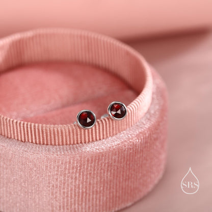Sterling Silver Genuine Garnet Tiny Stud Earrings, Natural Rose Cut 4mm Red Garnet Stud, Semi-Precious Gemstones, Bezel, January Birthstone