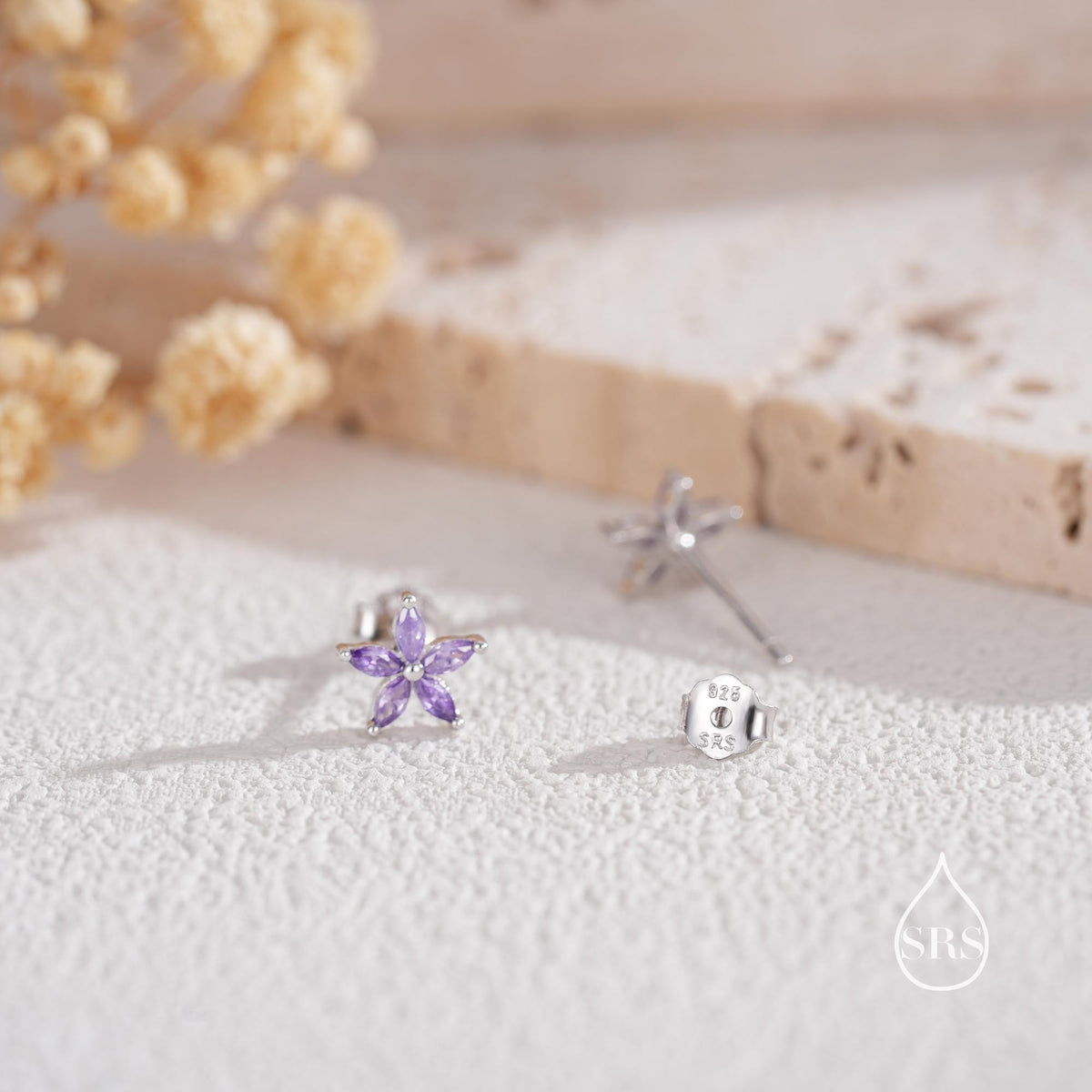 Amethyst Purple CZ Flower Stud Earrings in Sterling Silver, Silver or Gold, Marquise Crystal Earrings