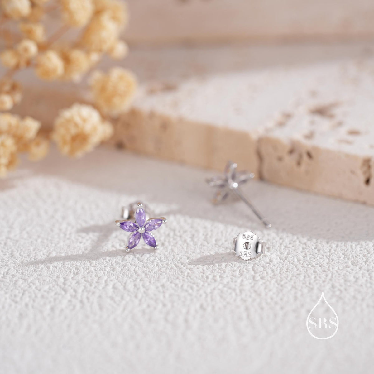 Amethyst Purple CZ Flower Stud Earrings in Sterling Silver, Silver or Gold, Marquise Crystal Earrings