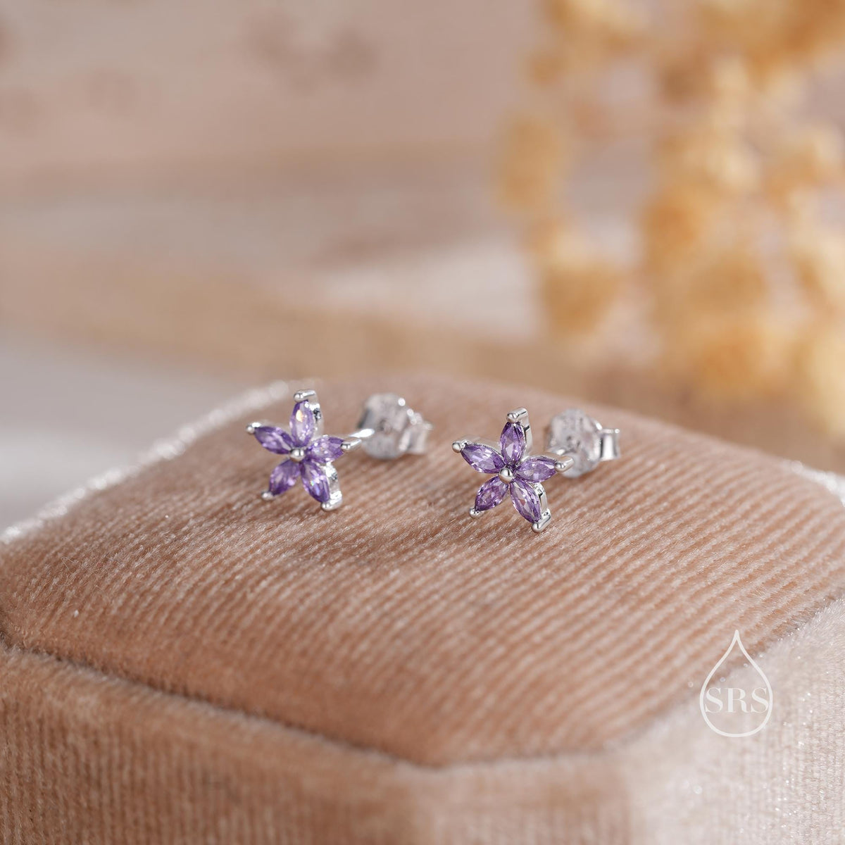 Amethyst Purple CZ Flower Stud Earrings in Sterling Silver, Silver or Gold, Marquise Crystal Earrings