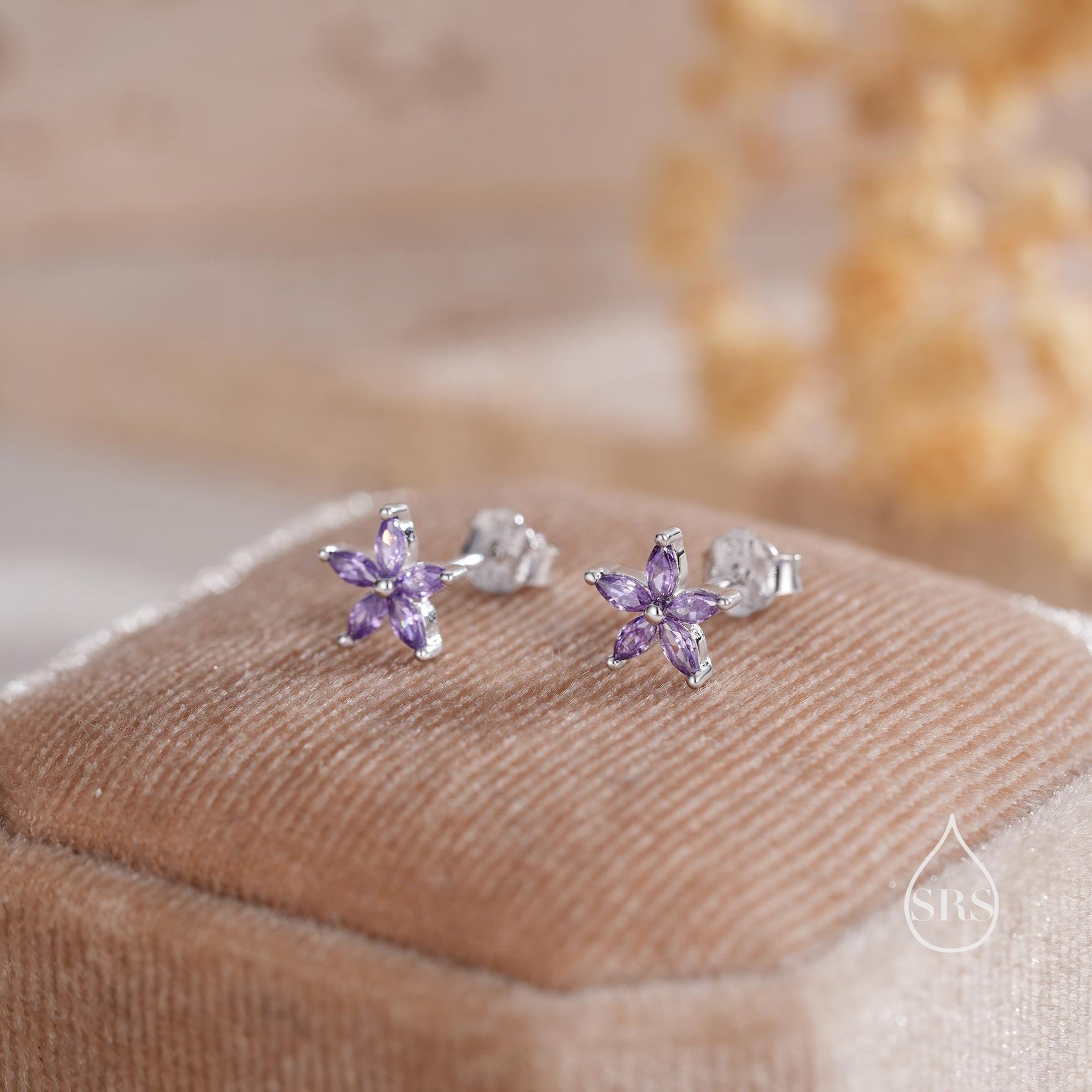 Amethyst Purple CZ Flower Stud Earrings in Sterling Silver, Silver or Gold, Marquise Crystal Earrings