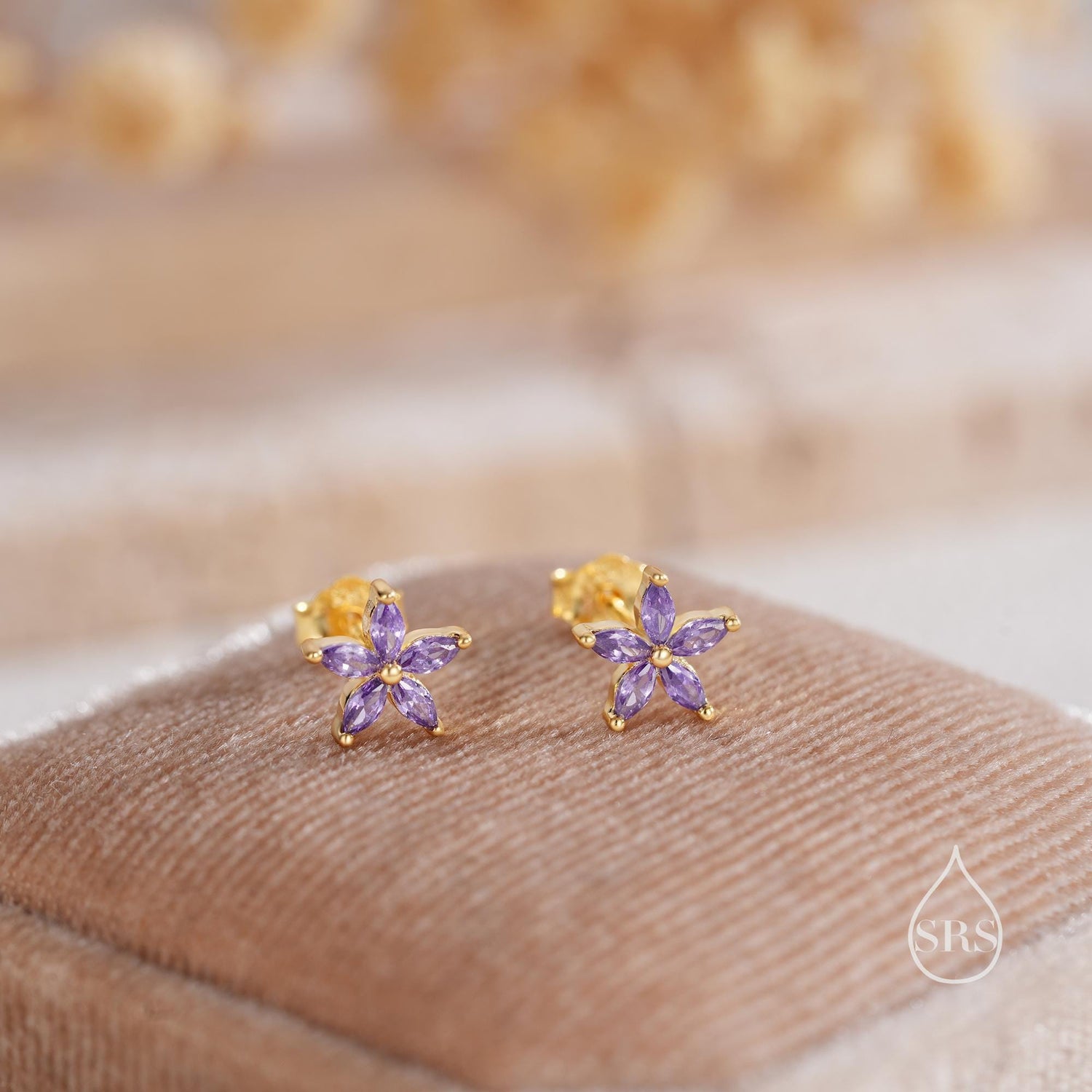 Amethyst Purple CZ Flower Stud Earrings in Sterling Silver, Silver or Gold, Marquise Crystal Earrings