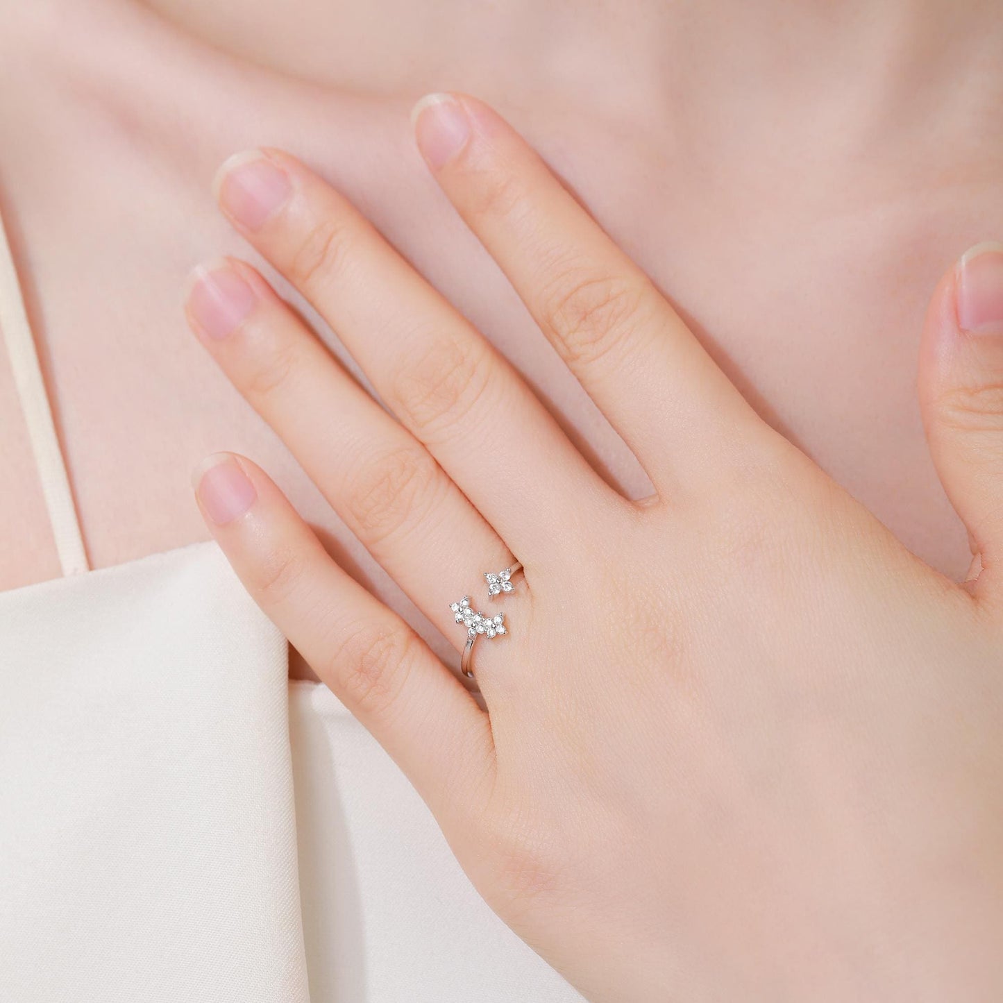 Hydrangea Flower Bouquet CZ Flower Ring in Sterling Silver, Open Ring, Adjustable Size, Four Crystal Flower Ring, Tiny CZ Ring