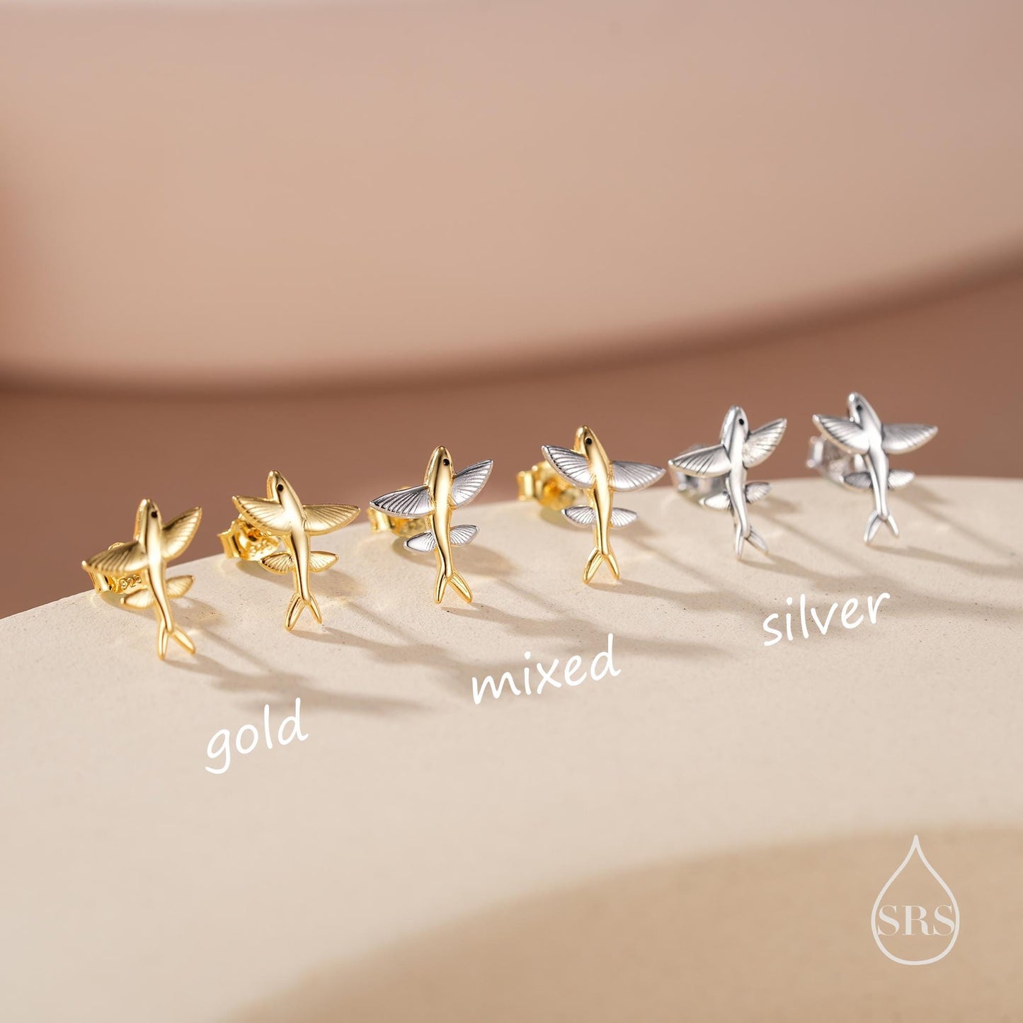 Very Tiny Flying Fish Stud Earrings in Sterling Silver, Silver or Gold or Mixed Tone, Cute Flying Fish Earrings