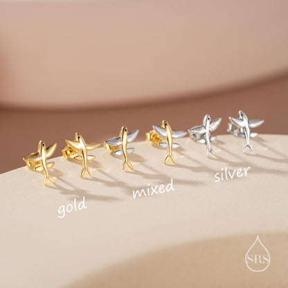 Very Tiny Flying Fish Stud Earrings in Sterling Silver, Silver or Gold or Mixed Tone, Cute Flying Fish Earrings