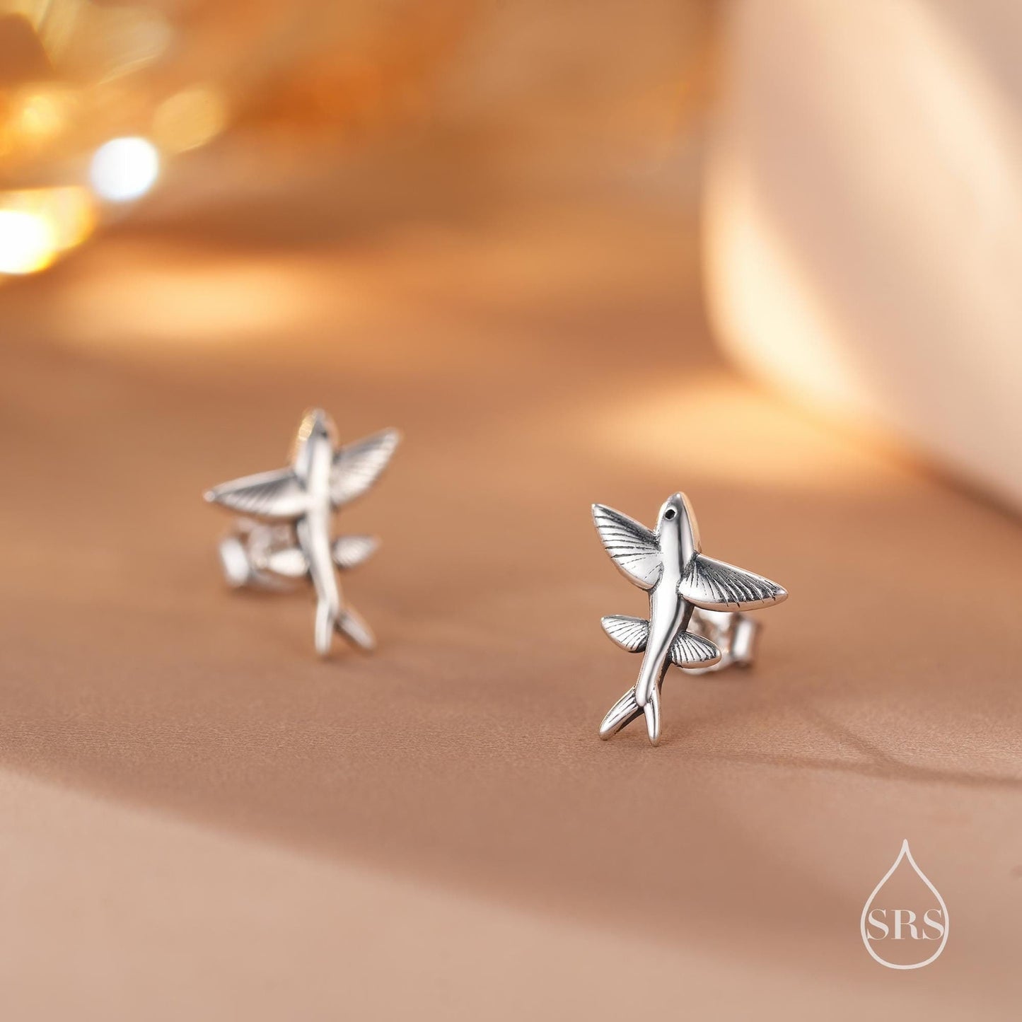 Very Tiny Flying Fish Stud Earrings in Sterling Silver, Silver or Gold or Mixed Tone, Cute Flying Fish Earrings