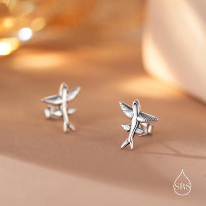 Very Tiny Flying Fish Stud Earrings in Sterling Silver, Silver or Gold or Mixed Tone, Cute Flying Fish Earrings