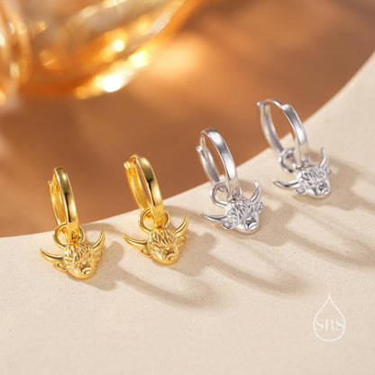 Dangling Highland Cow Huggie Hoops in Sterling Silver, Silver or Gold or Rose Gold, Highland Cow Earrings, Detachable and Interchangeable