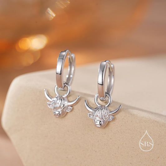 Dangling Highland Cow Huggie Hoops in Sterling Silver, Silver or Gold or Rose Gold, Highland Cow Earrings, Detachable and Interchangeable