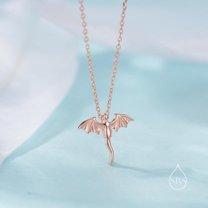 Tiny Dragon Pendant Necklace in Sterling Silver, Silver or Gold or Rose Gold, Flying Dragon Necklace,  Small Dragon Pendant