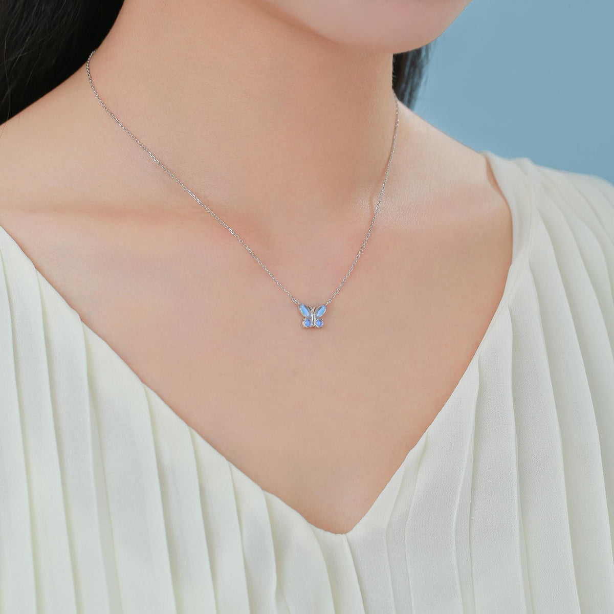 Simulated Moonstone Butterfly Necklace in Sterling Silver, Silver or Gold or Rose Gold, Tiny Lab Moonstone Butterfly Necklace