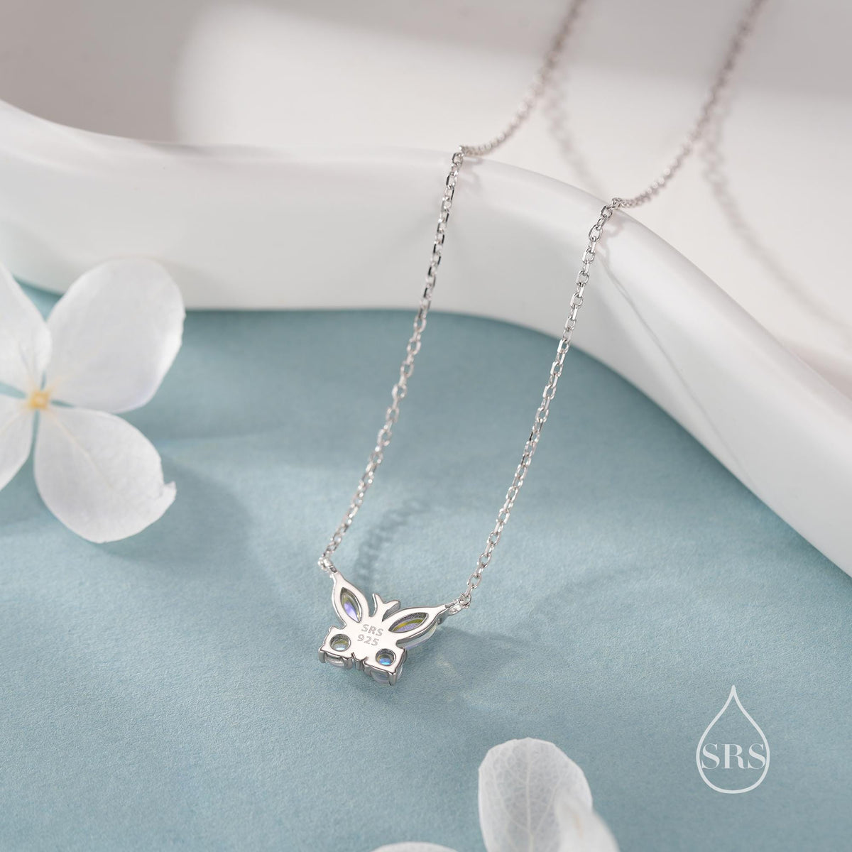 Simulated Moonstone Butterfly Necklace in Sterling Silver, Silver or Gold or Rose Gold, Tiny Lab Moonstone Butterfly Necklace