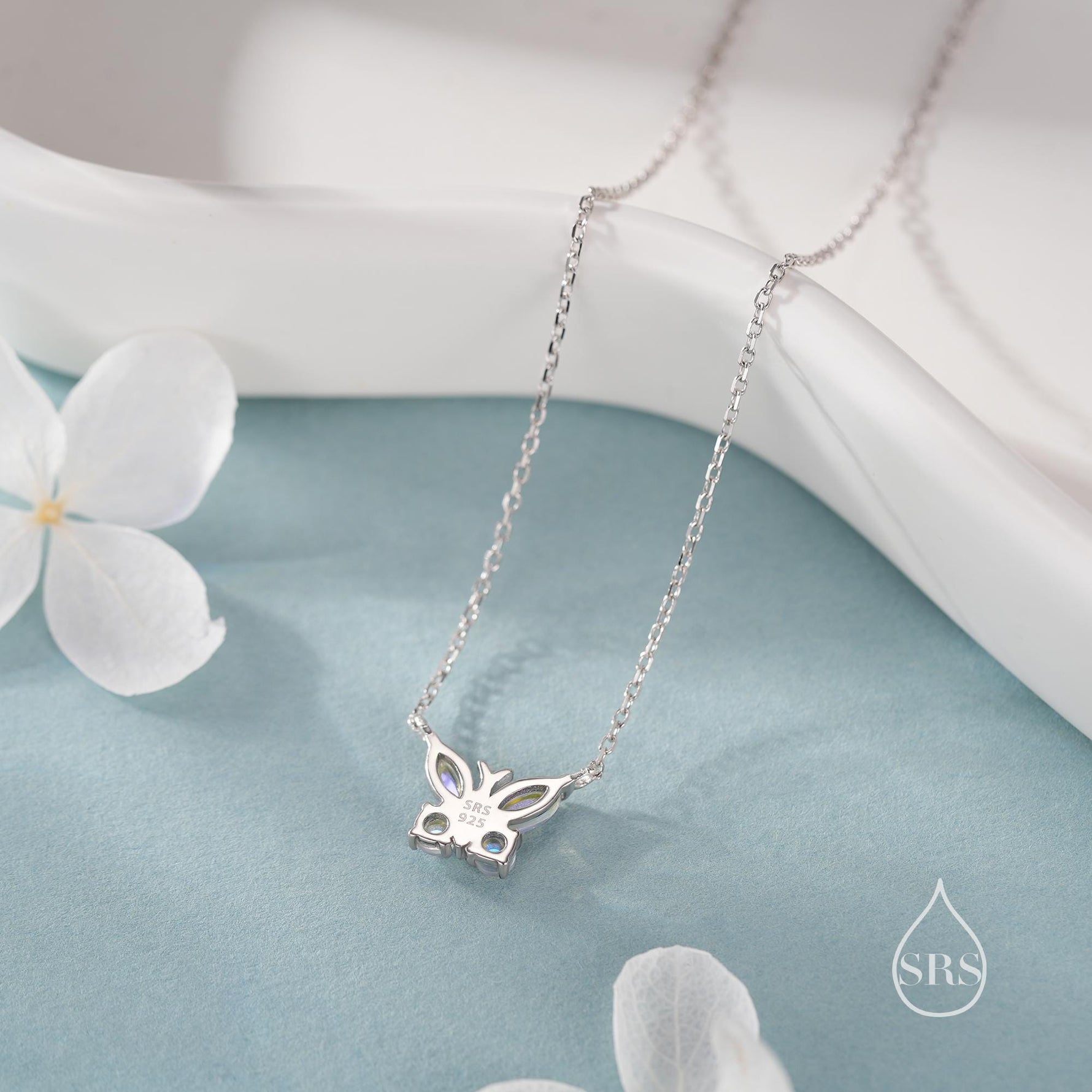Simulated Moonstone Butterfly Necklace in Sterling Silver, Silver or Gold or Rose Gold, Tiny Lab Moonstone Butterfly Necklace