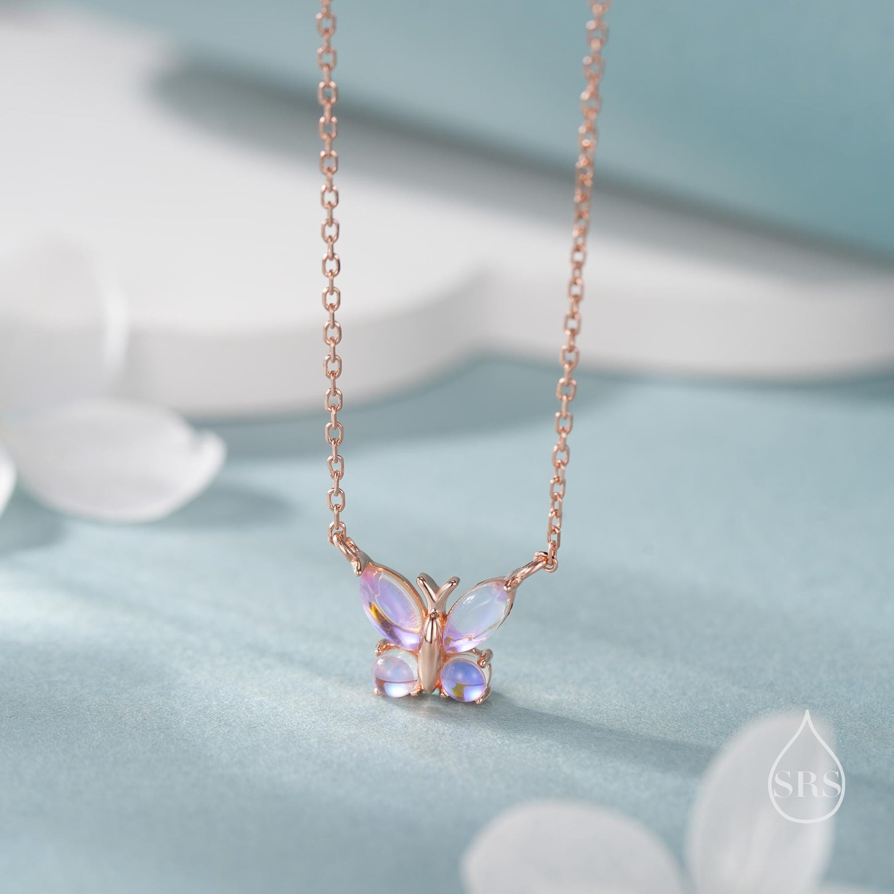 Simulated Moonstone Butterfly Necklace in Sterling Silver, Silver or Gold or Rose Gold, Tiny Lab Moonstone Butterfly Necklace