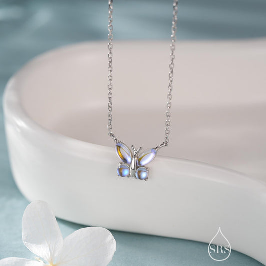 Simulated Moonstone Butterfly Necklace in Sterling Silver, Silver or Gold or Rose Gold, Tiny Lab Moonstone Butterfly Necklace