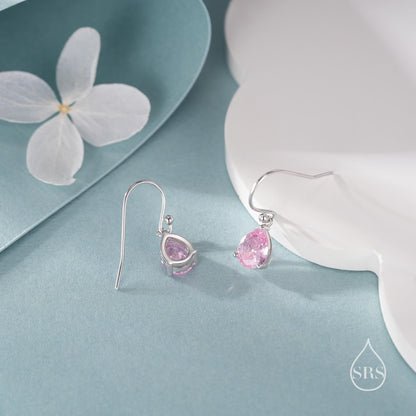 Tourmaline Pink Pear Cut CZ Drop Earrings in Sterling Silver, Silver or Gold, Pink Droplet Dangle Earrings