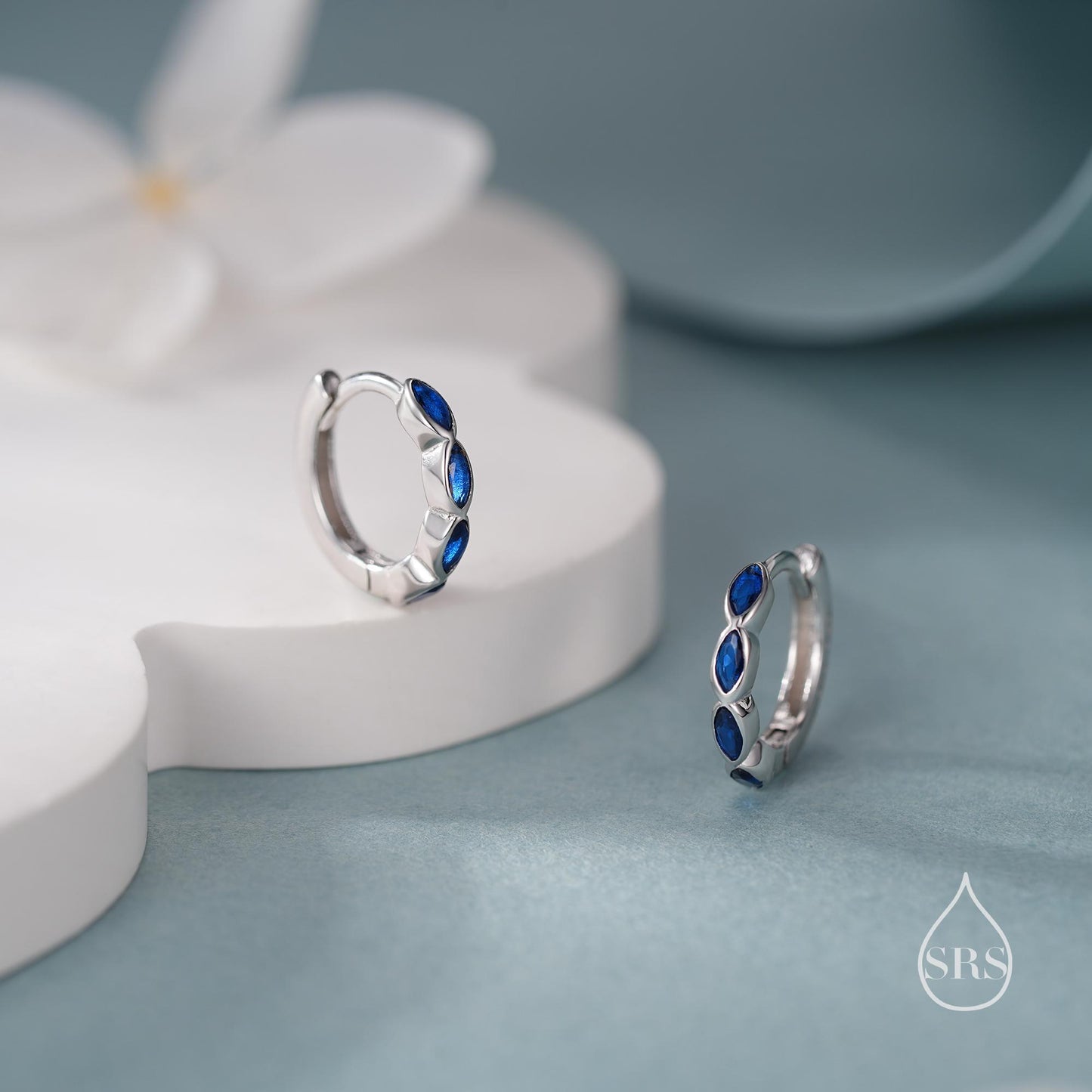 Sapphire Blue Marquise CZ Huggie Hoop in Sterling Silver, Silver or Gold, Minimalist Simple Blue Hoop Earrings