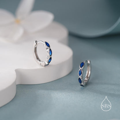 Sapphire Blue Marquise CZ Huggie Hoop in Sterling Silver, Silver or Gold, Minimalist Simple Blue Hoop Earrings