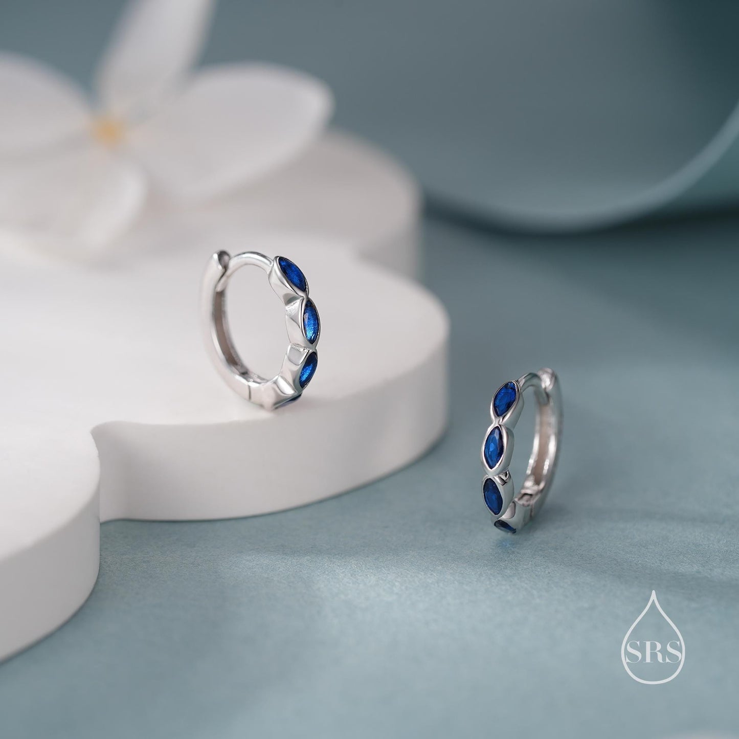 Sapphire Blue Marquise CZ Huggie Hoop in Sterling Silver, Silver or Gold, Minimalist Simple Blue Hoop Earrings