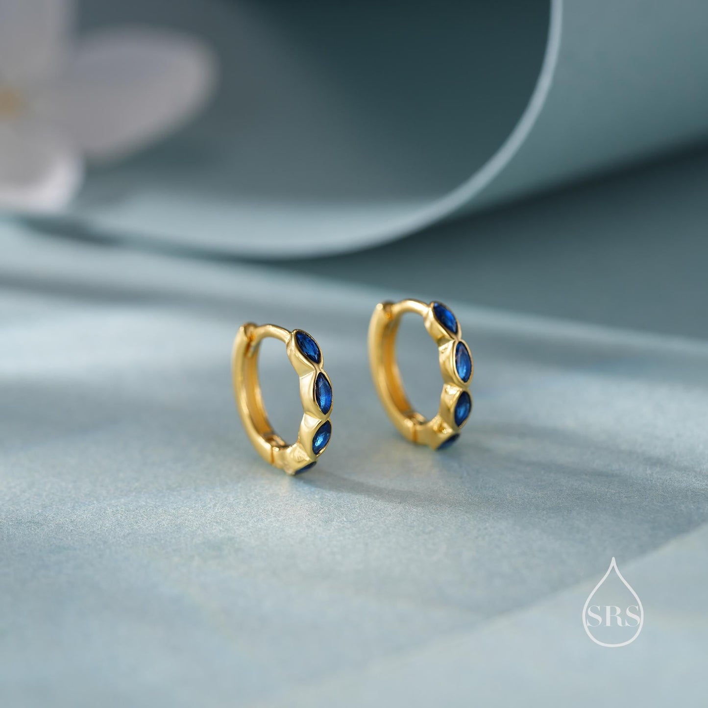Sapphire Blue Marquise CZ Huggie Hoop in Sterling Silver, Silver or Gold, Minimalist Simple Blue Hoop Earrings