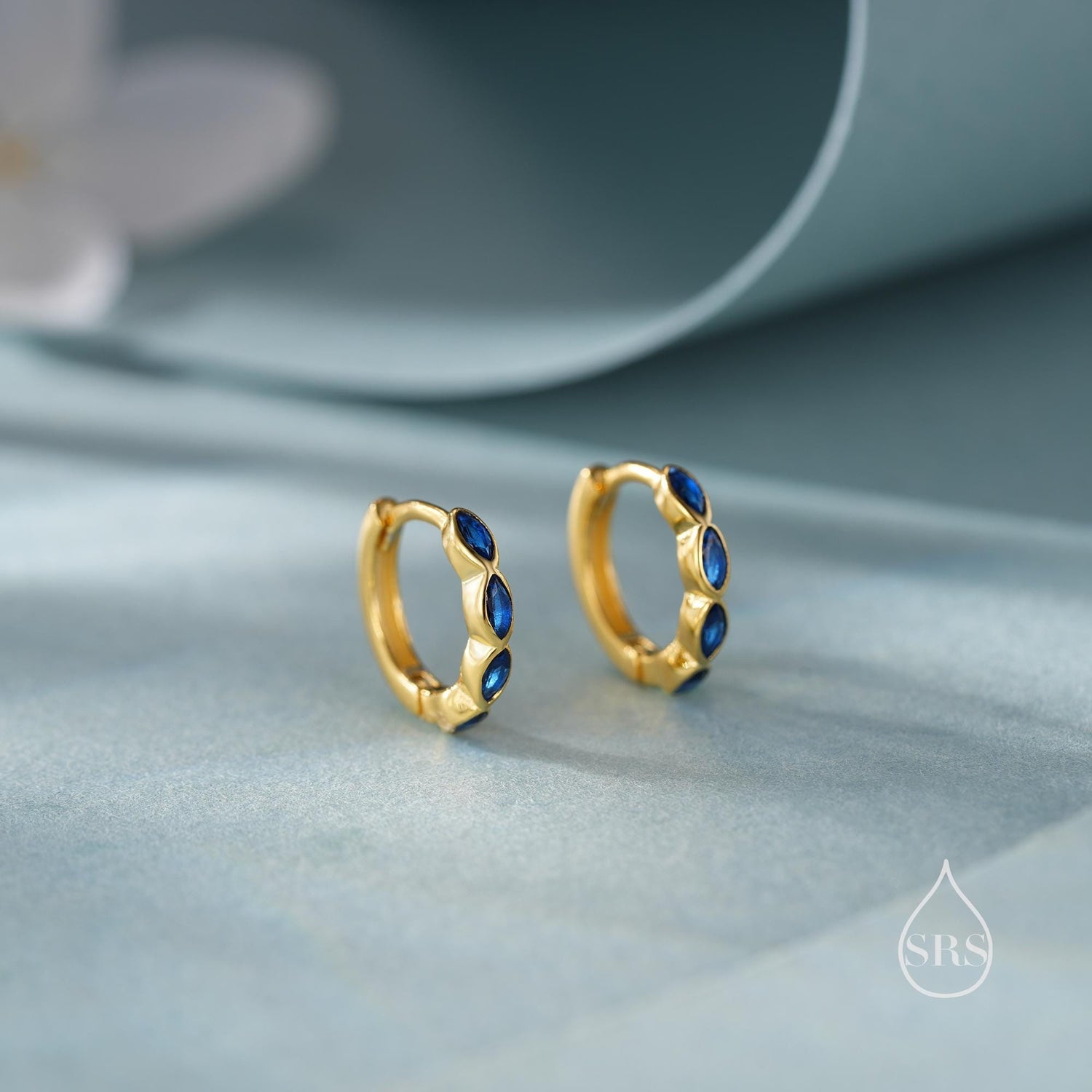 Sapphire Blue Marquise CZ Huggie Hoop in Sterling Silver, Silver or Gold, Minimalist Simple Blue Hoop Earrings