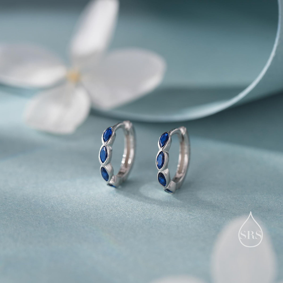 Minimalist Blue Marquise CZ Hoop Earrings