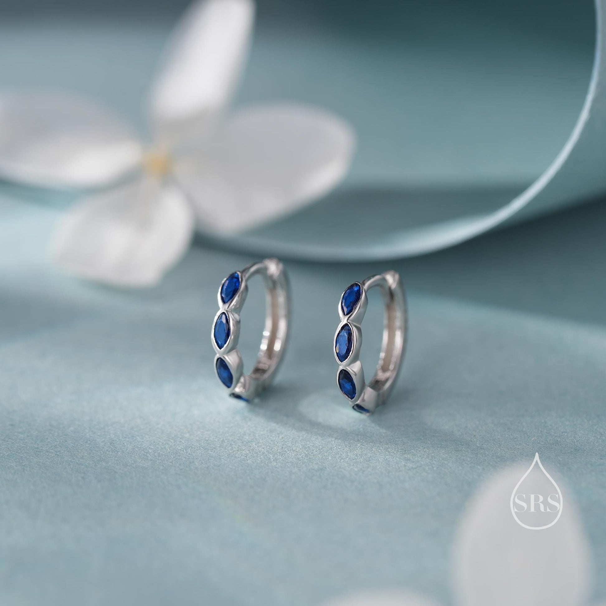 Sapphire Blue Marquise CZ Huggie Hoop in Sterling Silver, Silver or Gold, Minimalist Simple Blue Hoop Earrings