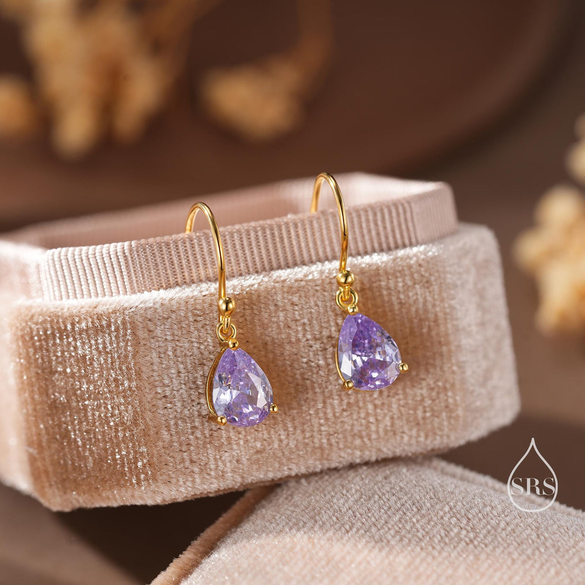 Amethyst Purple Pear Cut CZ Drop Earrings in Sterling Silver, Silver or Gold, Lilac Purple Droplet Dangle Earrings