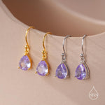 Amethyst Purple Pear Cut CZ Drop Earrings in Sterling Silver, Silver or Gold, Lilac Purple Droplet Dangle Earrings