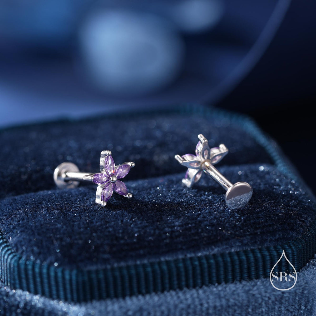 Sterling Silver Purple Amethyst CZ Flower 16G Internally Threaded Flat Back Earrings